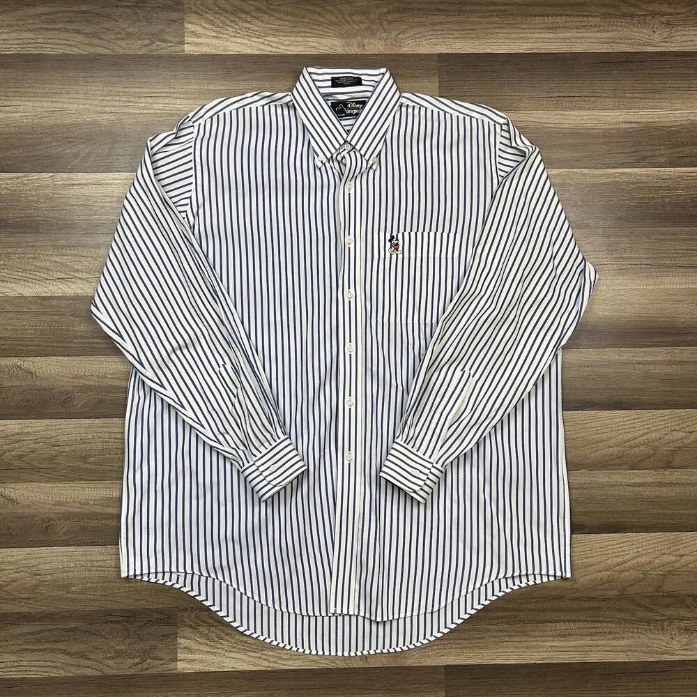 VTG Disney Mickey Mouse Striped Blue White Long Sleeve Shirt Men’s Sz 17.5x36